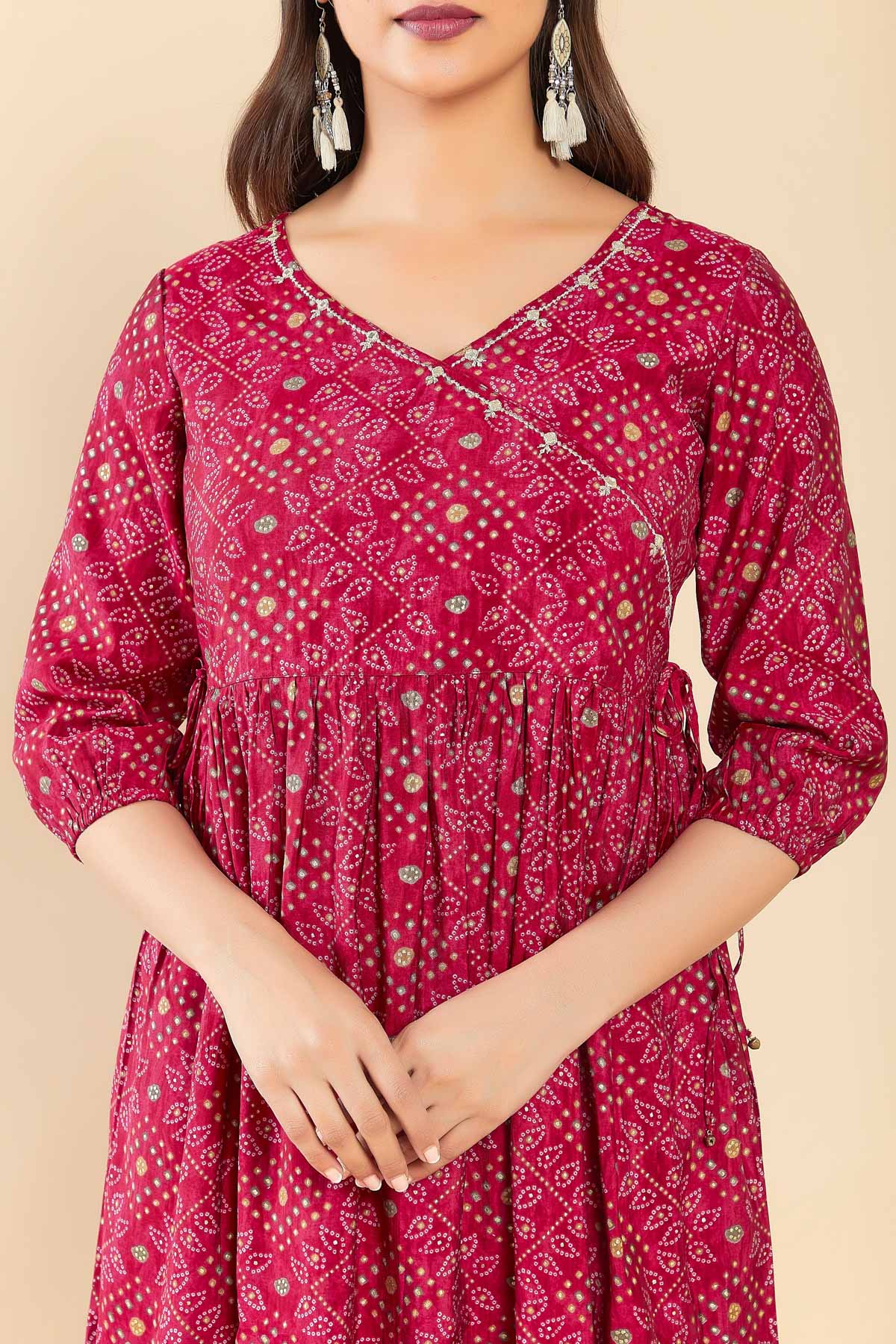 Buy online Women Pink Bandhani Print Angrakha Kurta from Kurta Kurtis for  Women by Azira for ₹899 at 59% off | 2024 Limeroad.com